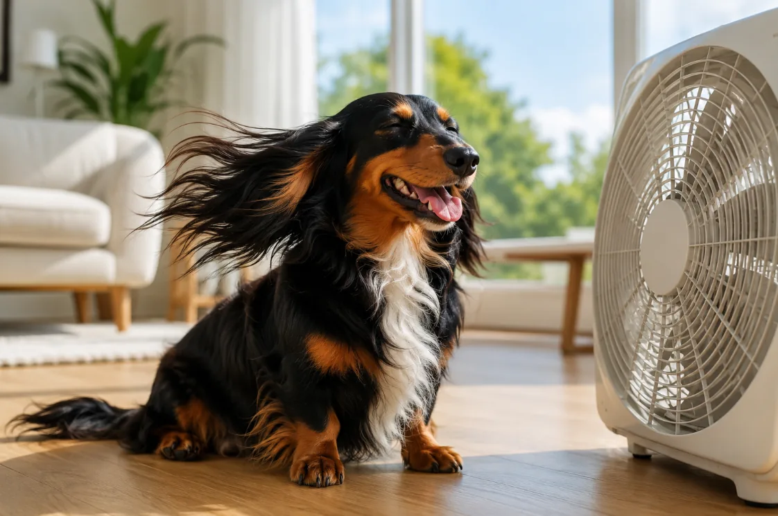 A long-haired dachshund cooling off in front of a box fan on a hot summer day